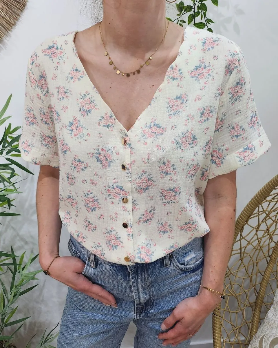 Blouse en gaze de coton écru fleurs roses