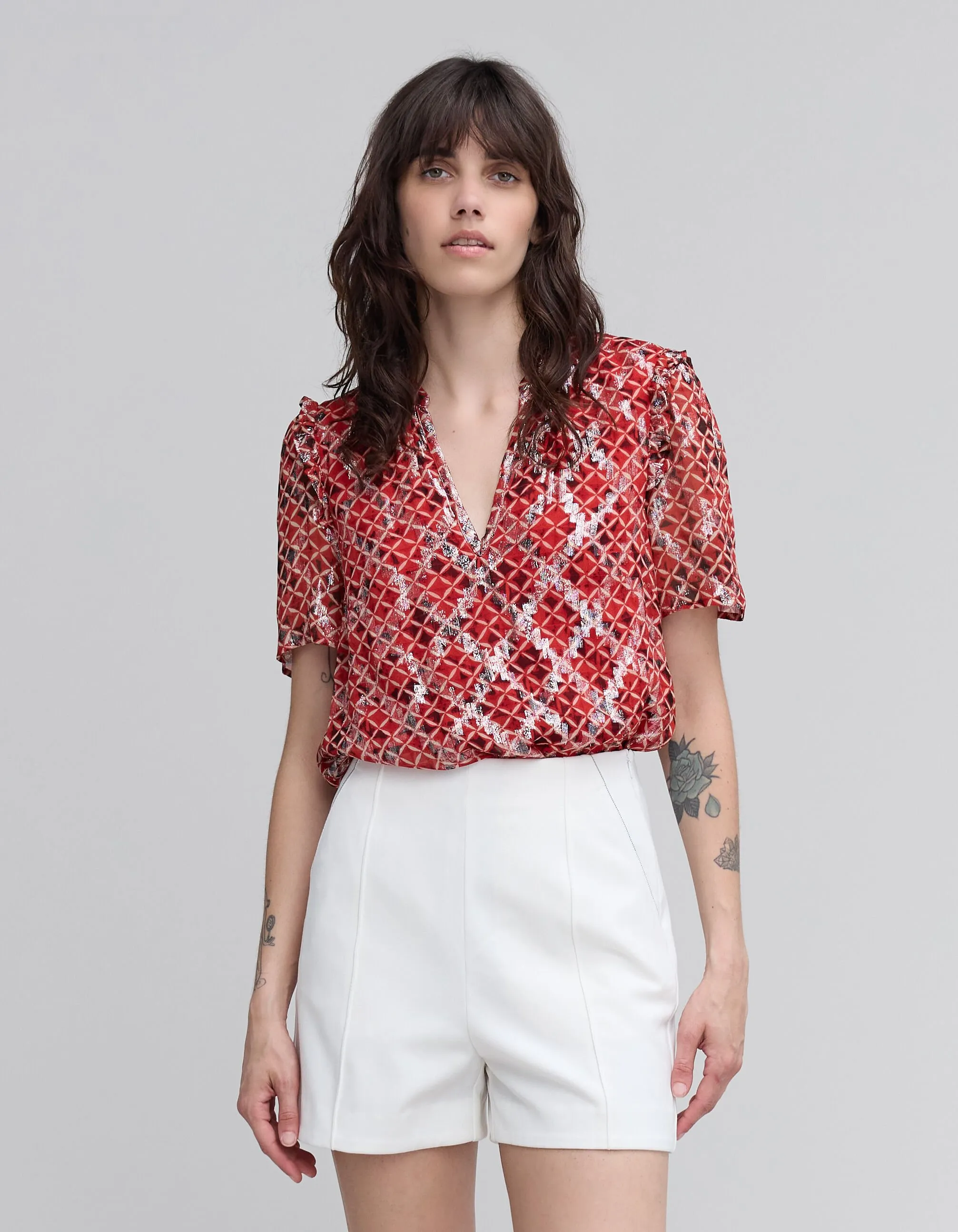 Blouse loose en voile rouge imprimé Trellis femme