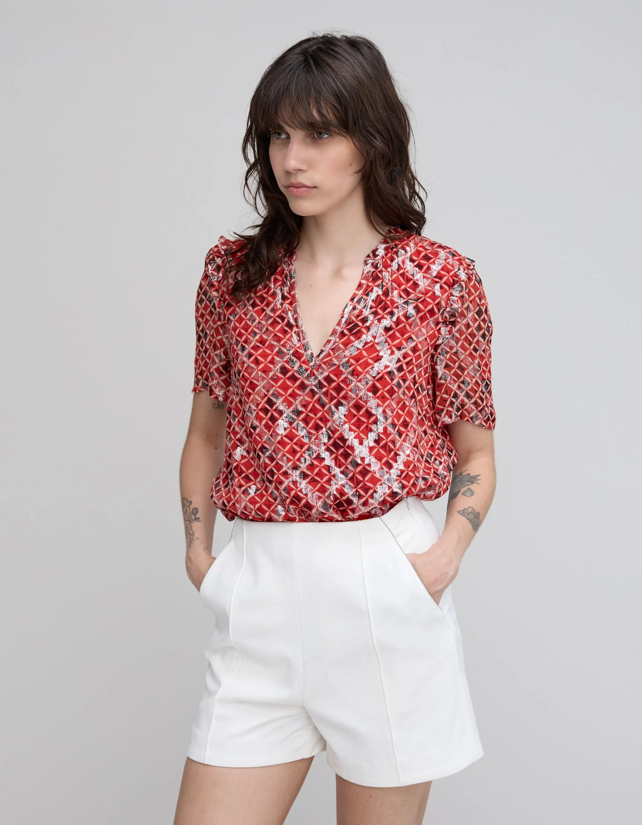 Blouse loose en voile rouge imprimé Trellis femme