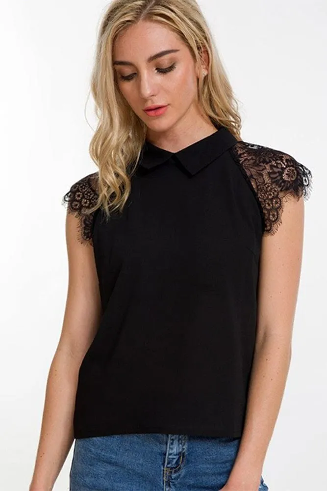 Blouse Noire Dentelle Manche Courte