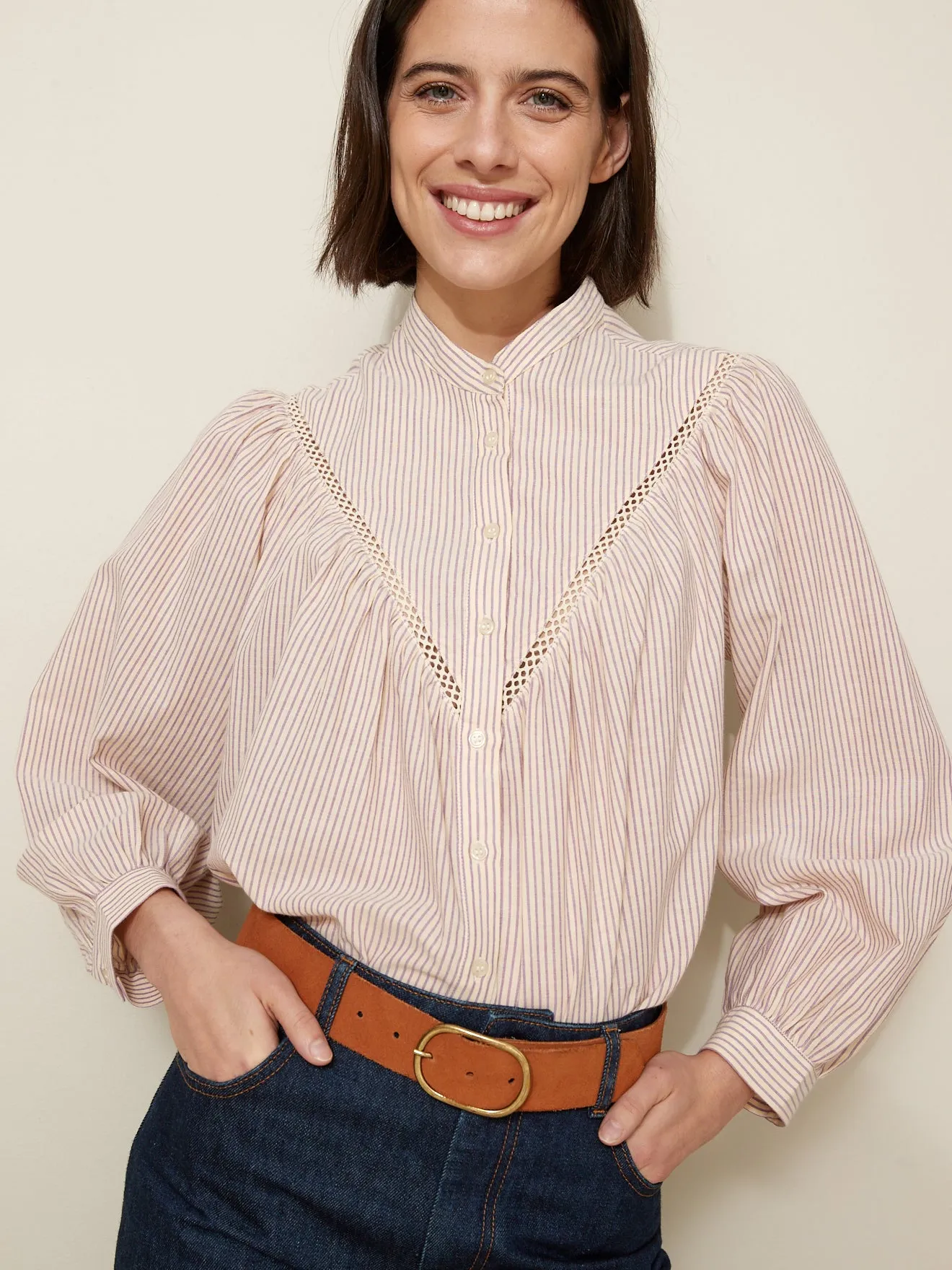 Blouse rayée galon ajouré femme