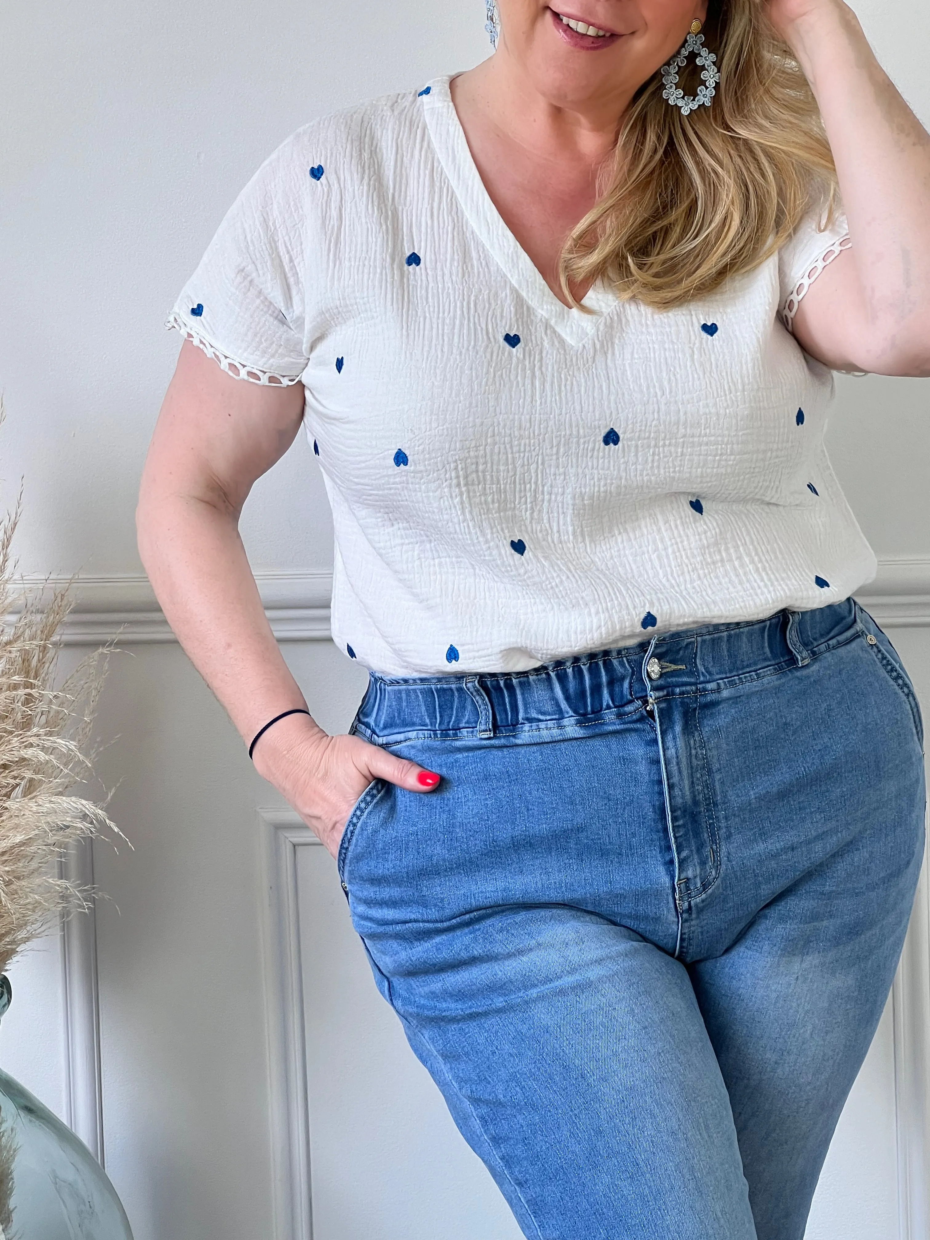 Blouse écrue et bleue en gaze de coton Curve : Esma