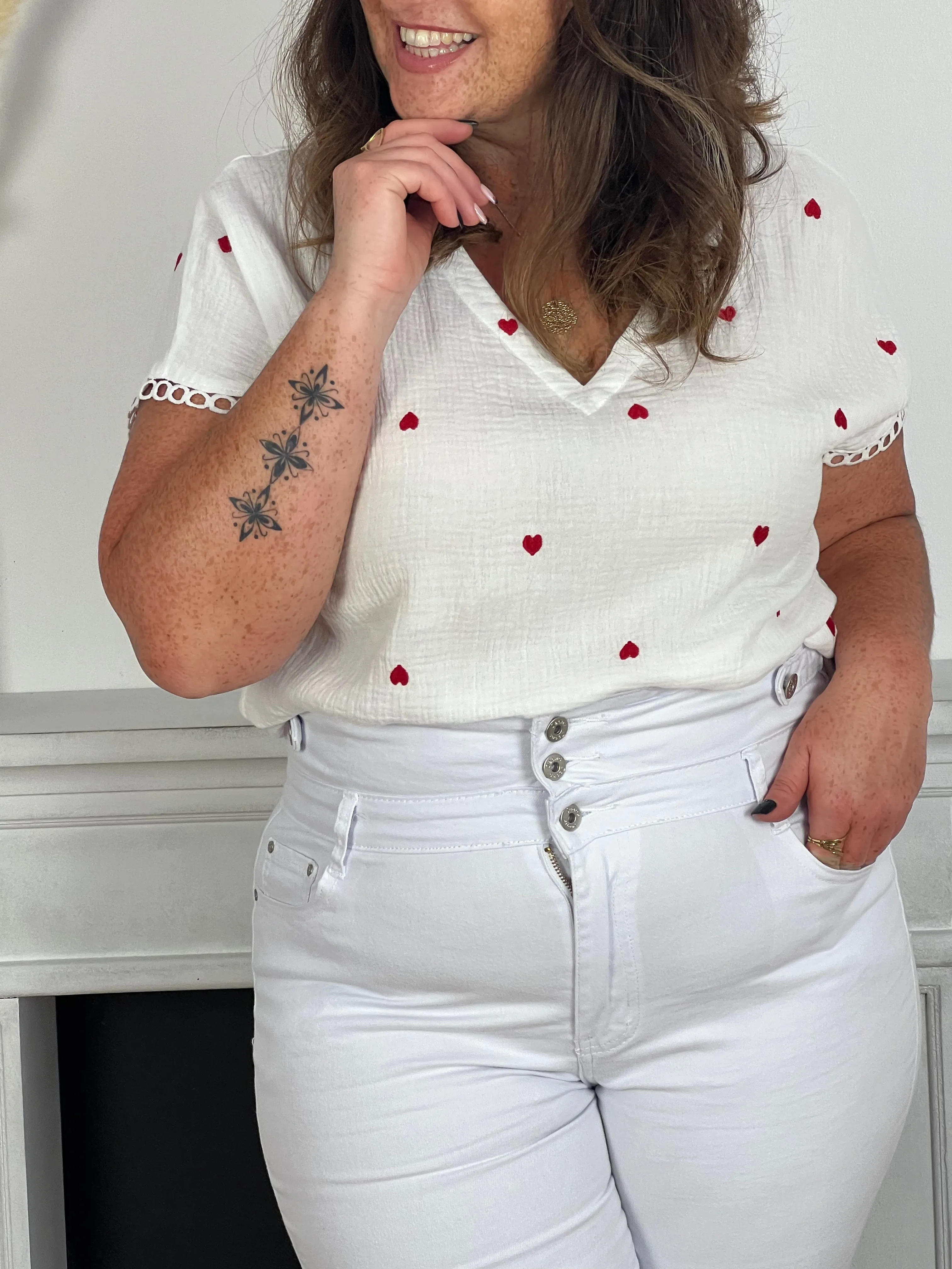 Blouse écrue et rouge en gaze de coton Curve : Esma