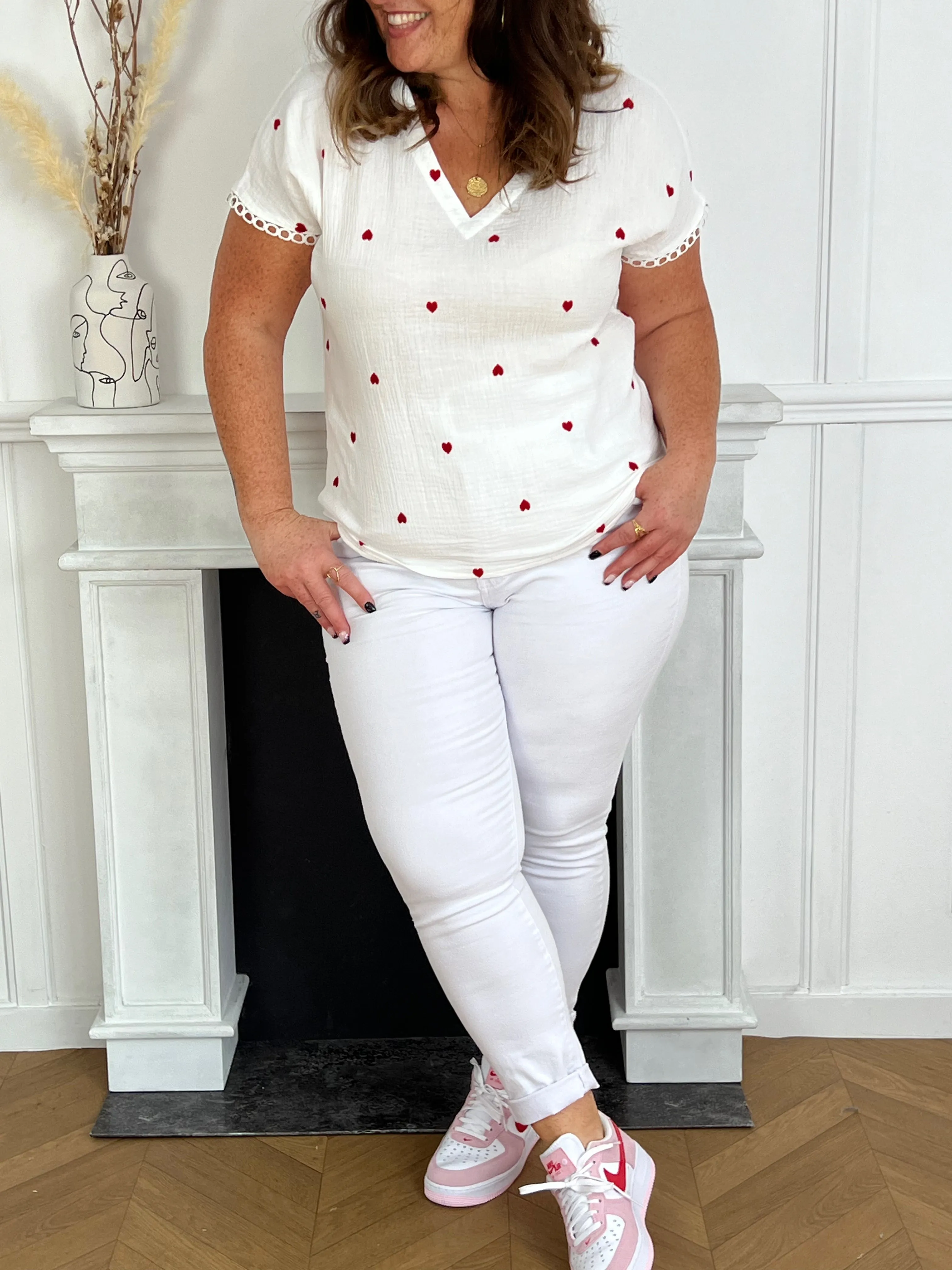 Blouse écrue et rouge en gaze de coton Curve : Esma