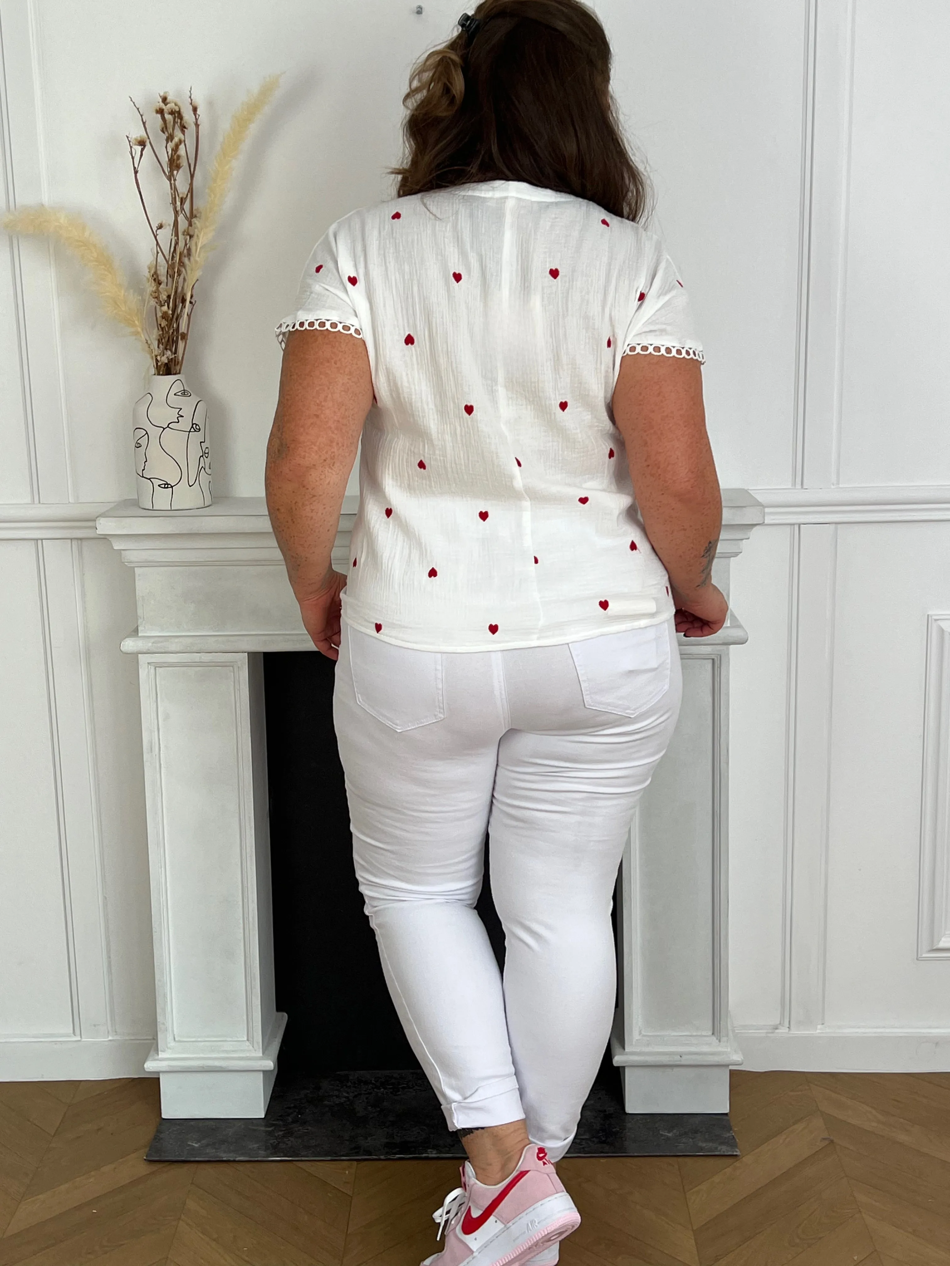 Blouse écrue et rouge en gaze de coton Curve : Esma