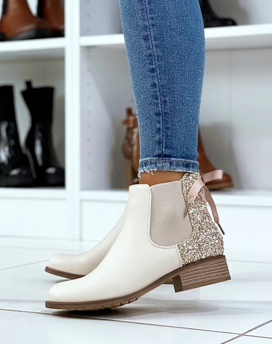 Chelsea boots basses beiges à paillettes et noeud