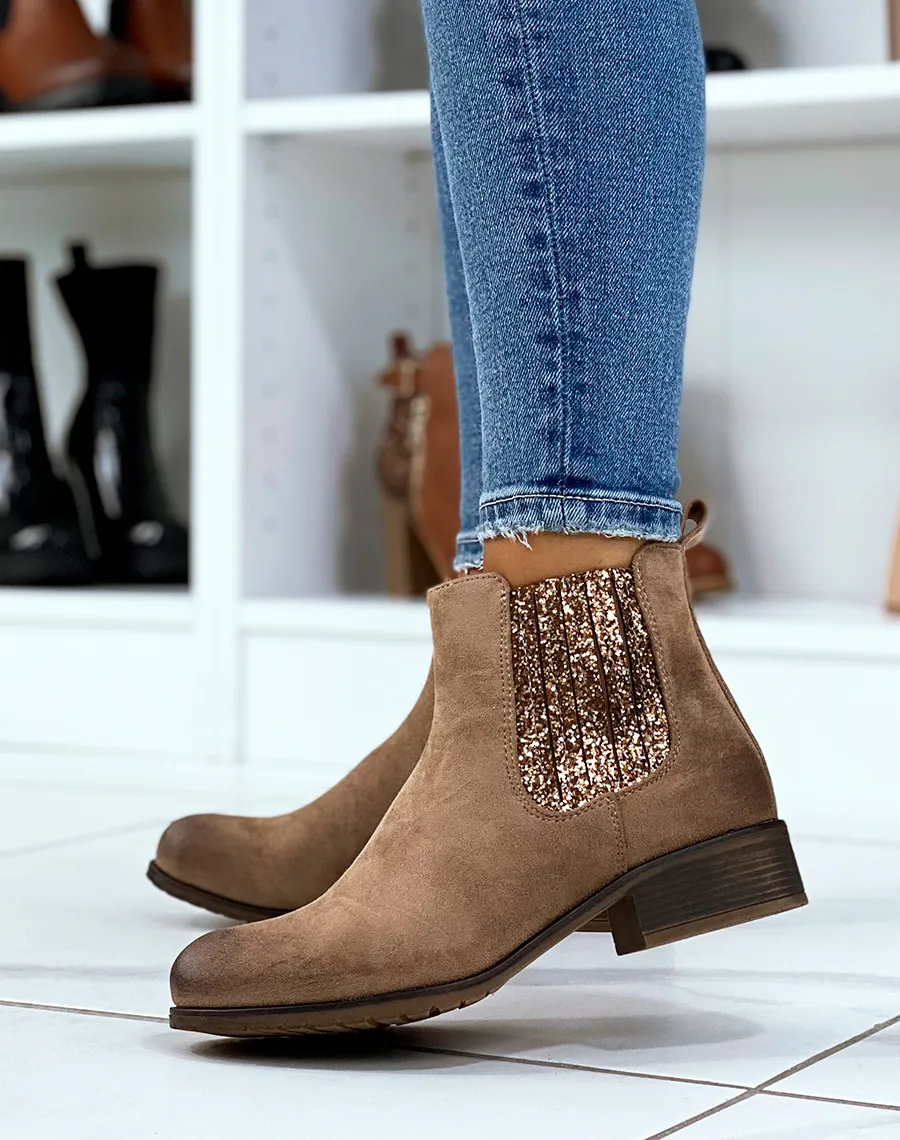 Chelsea boots marrons à paillettes dorées et bronze