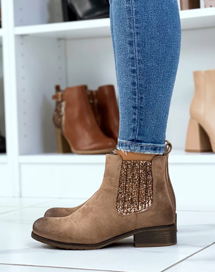 Chelsea boots marrons à paillettes dorées et bronze