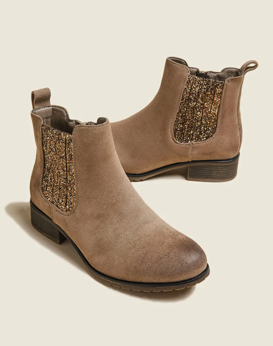 Chelsea boots marrons à paillettes dorées et bronze