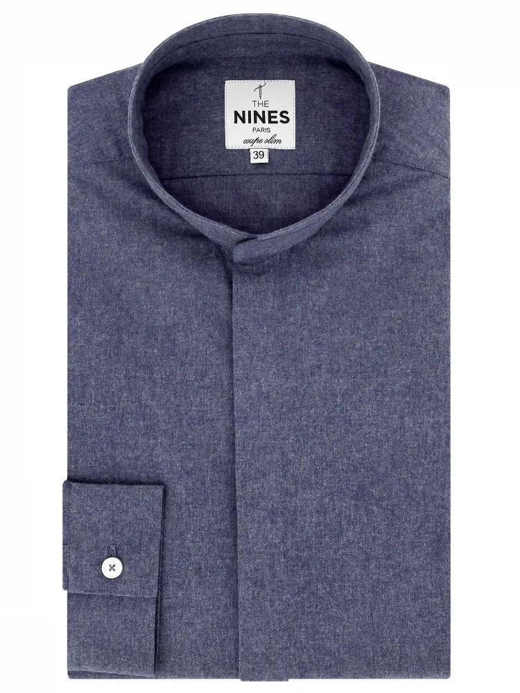 Chemise col Mao en flanelle recyclée bleu