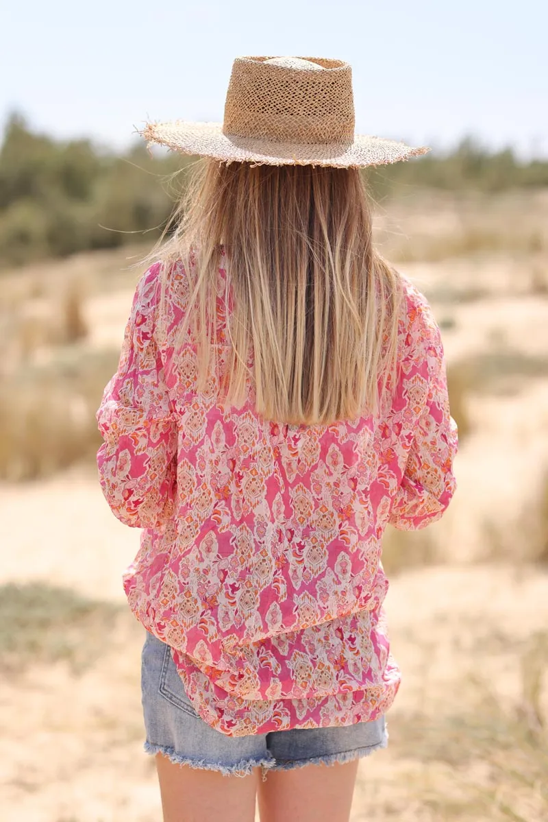 Chemise légère voile de coton imprimé petits attrapes rêves fuchsia