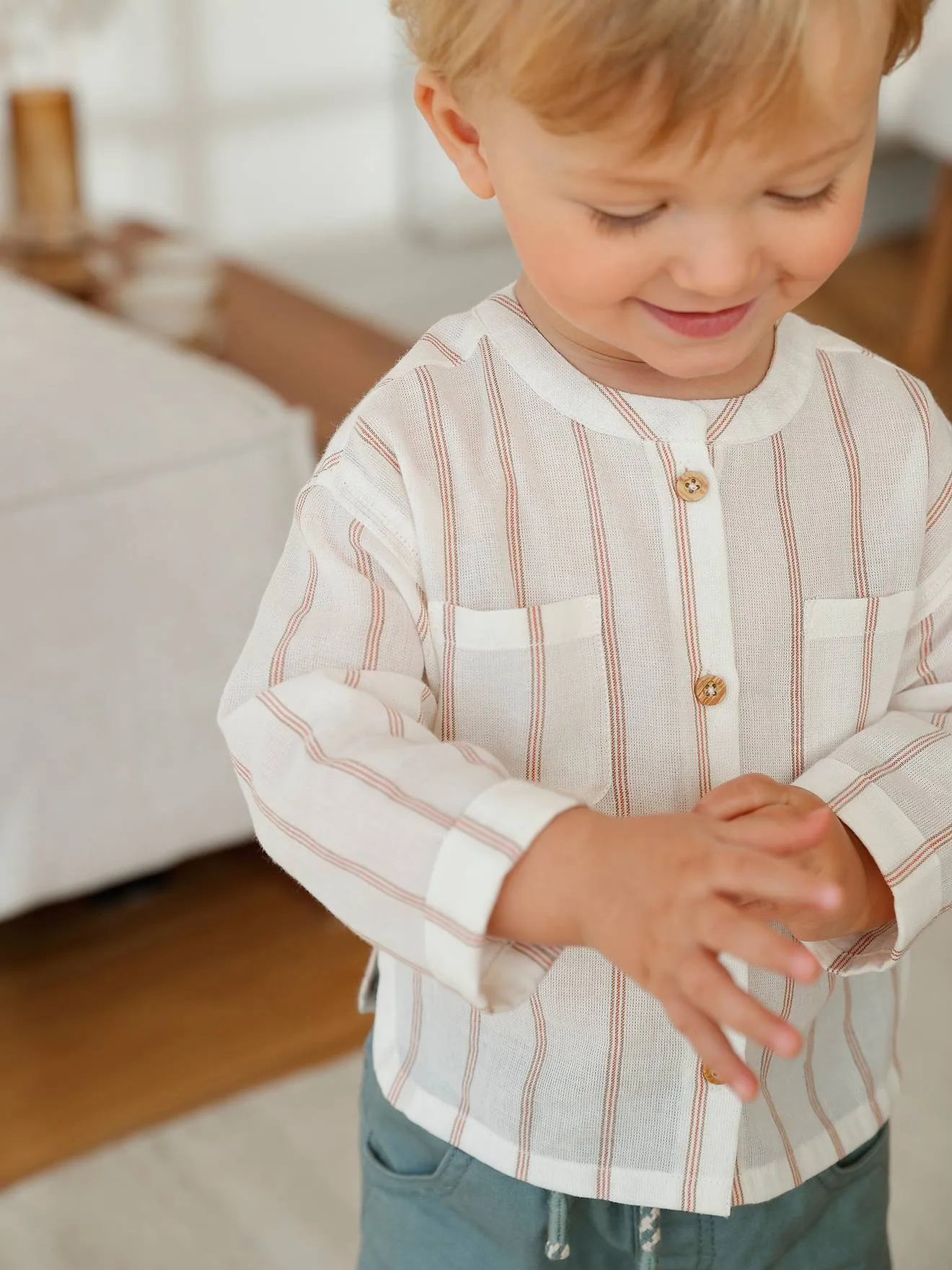 Chemise rayée col mao bébé en gaze de coton écru - Vertbaudet