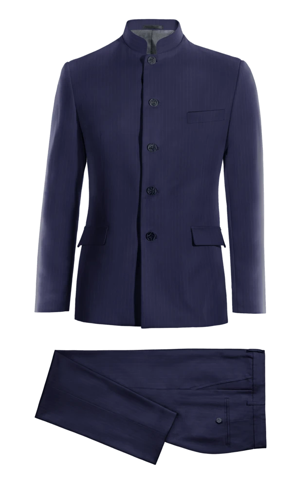 Costume col mandarin bleu marine rayures fines stretch