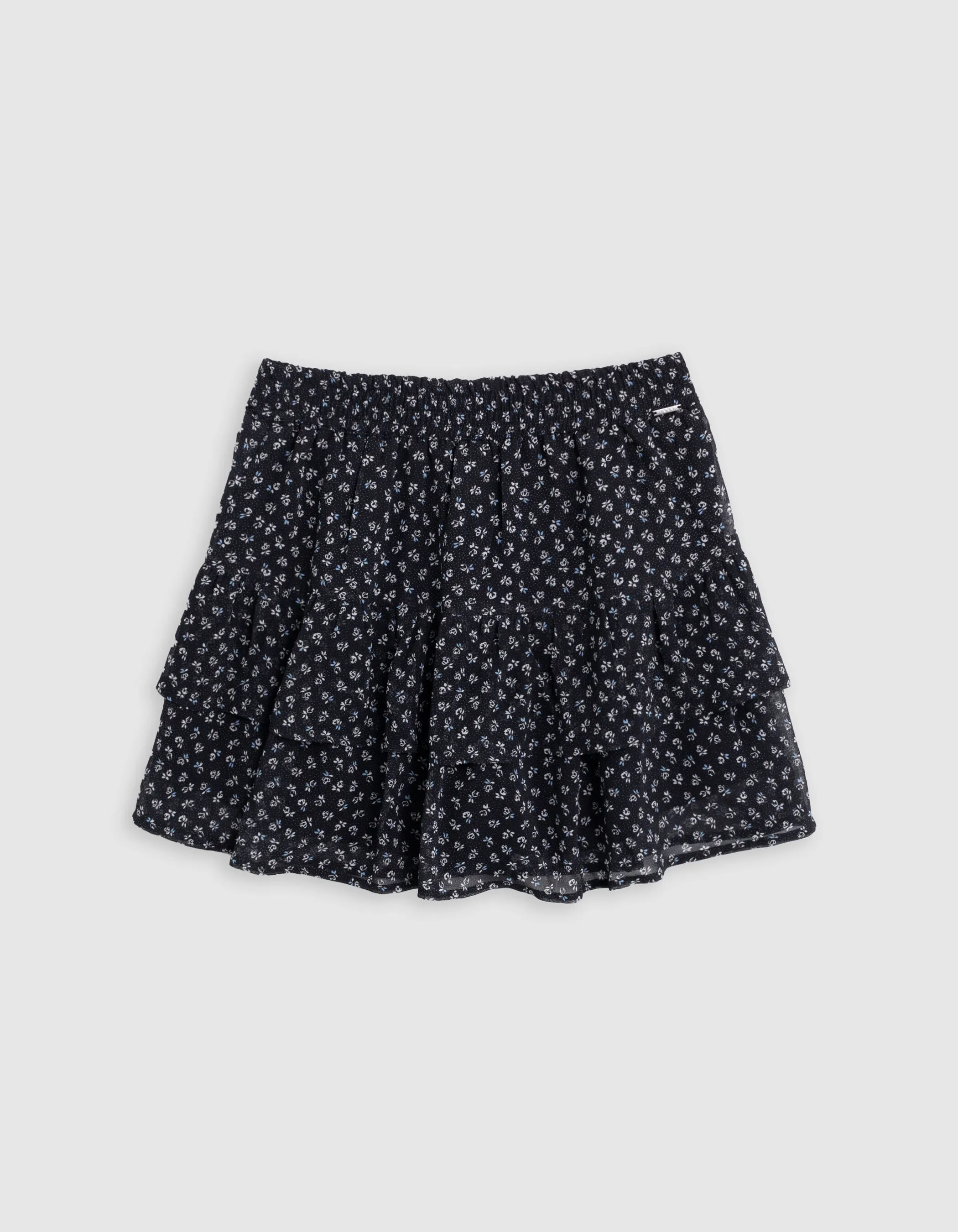 Jupe courte noire imprimé floral micro-pois fille