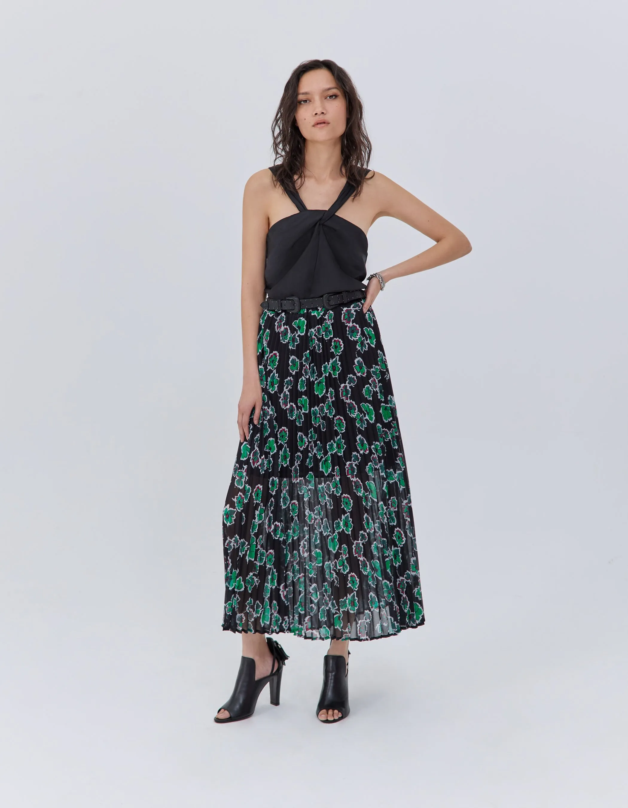 Jupe longue noire imprimé maxi floral plissée Femme