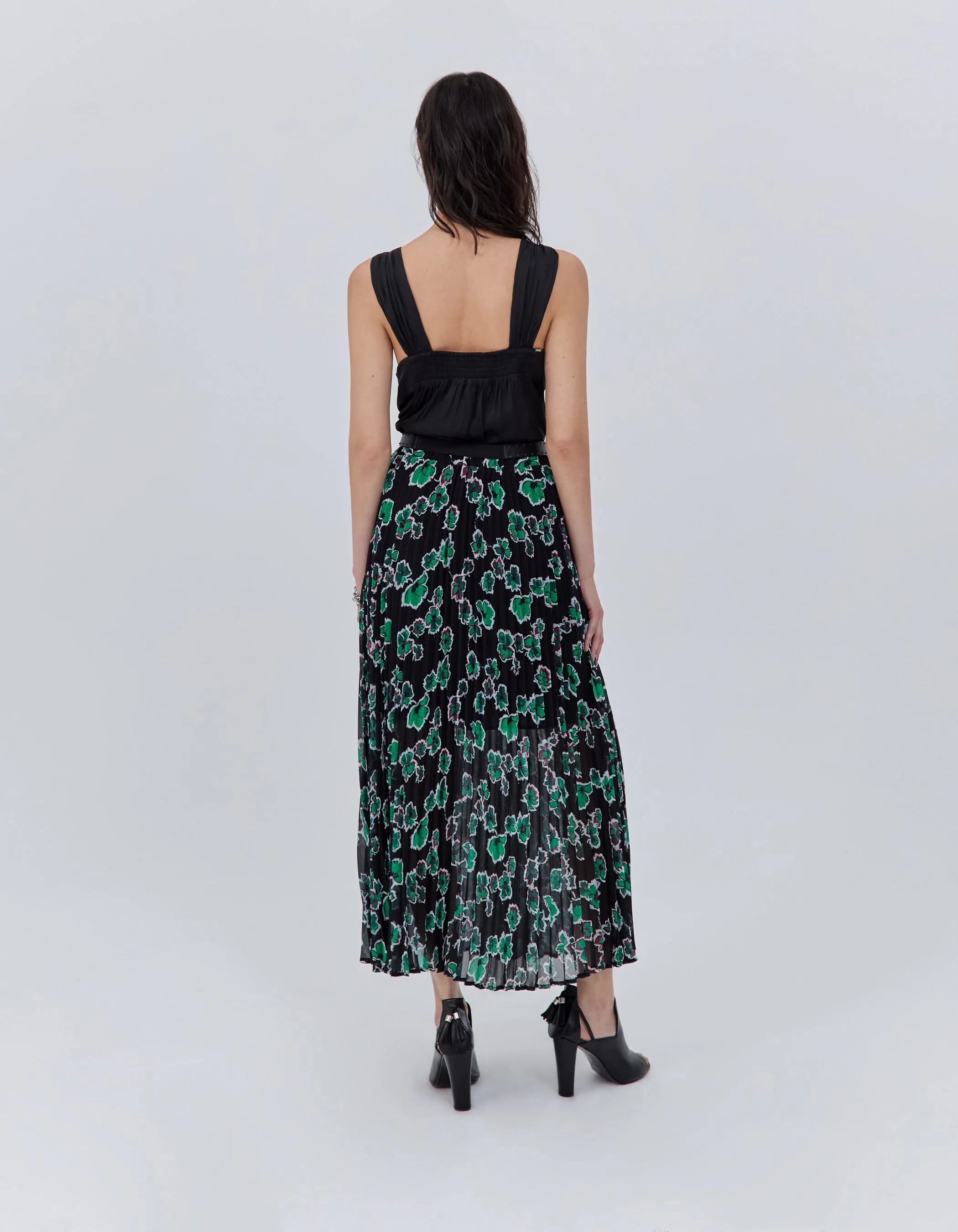 Jupe longue noire imprimé maxi floral plissée Femme