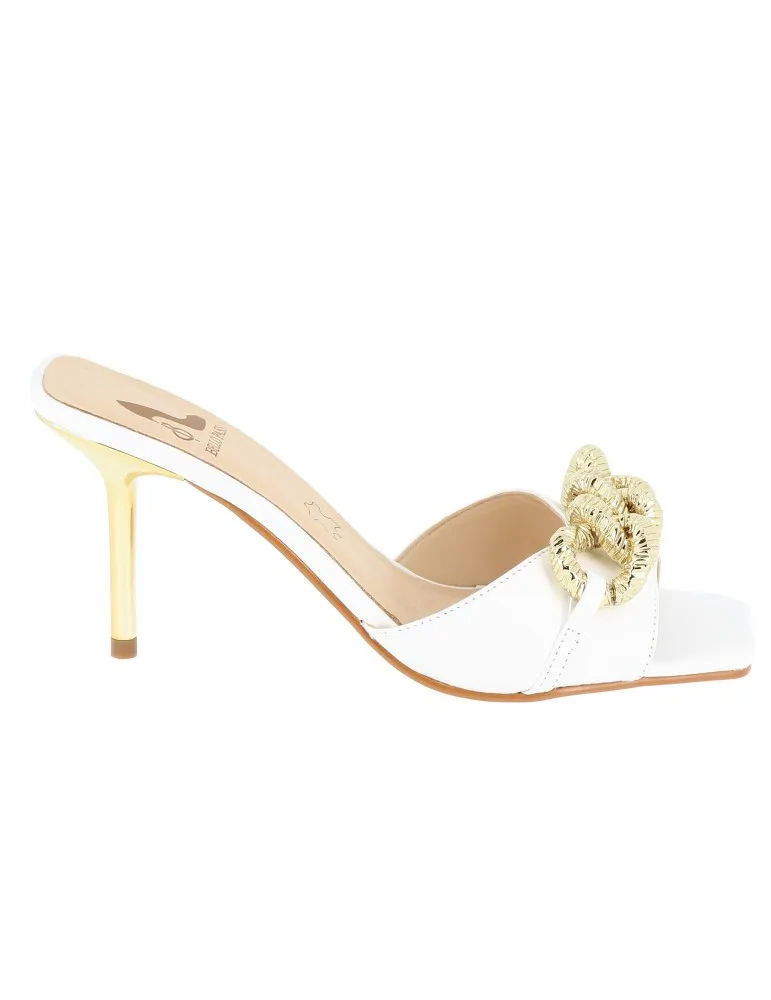 mules à talons insert bijou chaine cuir blanc 09 cm