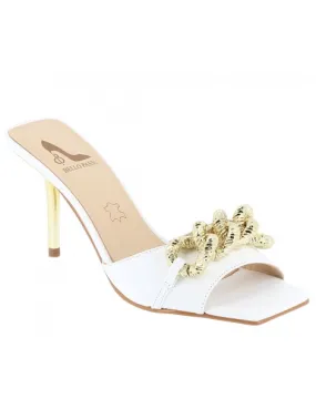 mules à talons insert bijou chaine cuir blanc 09 cm