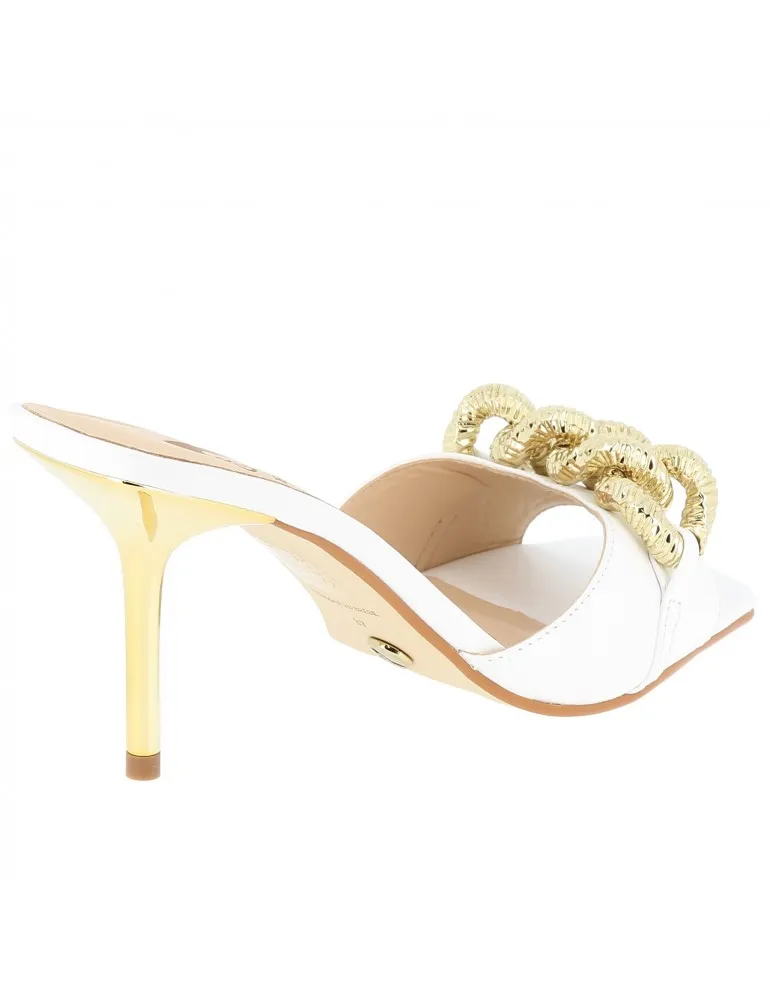 mules à talons insert bijou chaine cuir blanc 09 cm