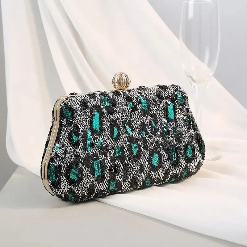 Pochette Léopard Sequins Turquoise