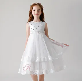 Robe Cortège Fille Tulle Nœud à Boucles A-ligne Multi Couche Col de chemise t