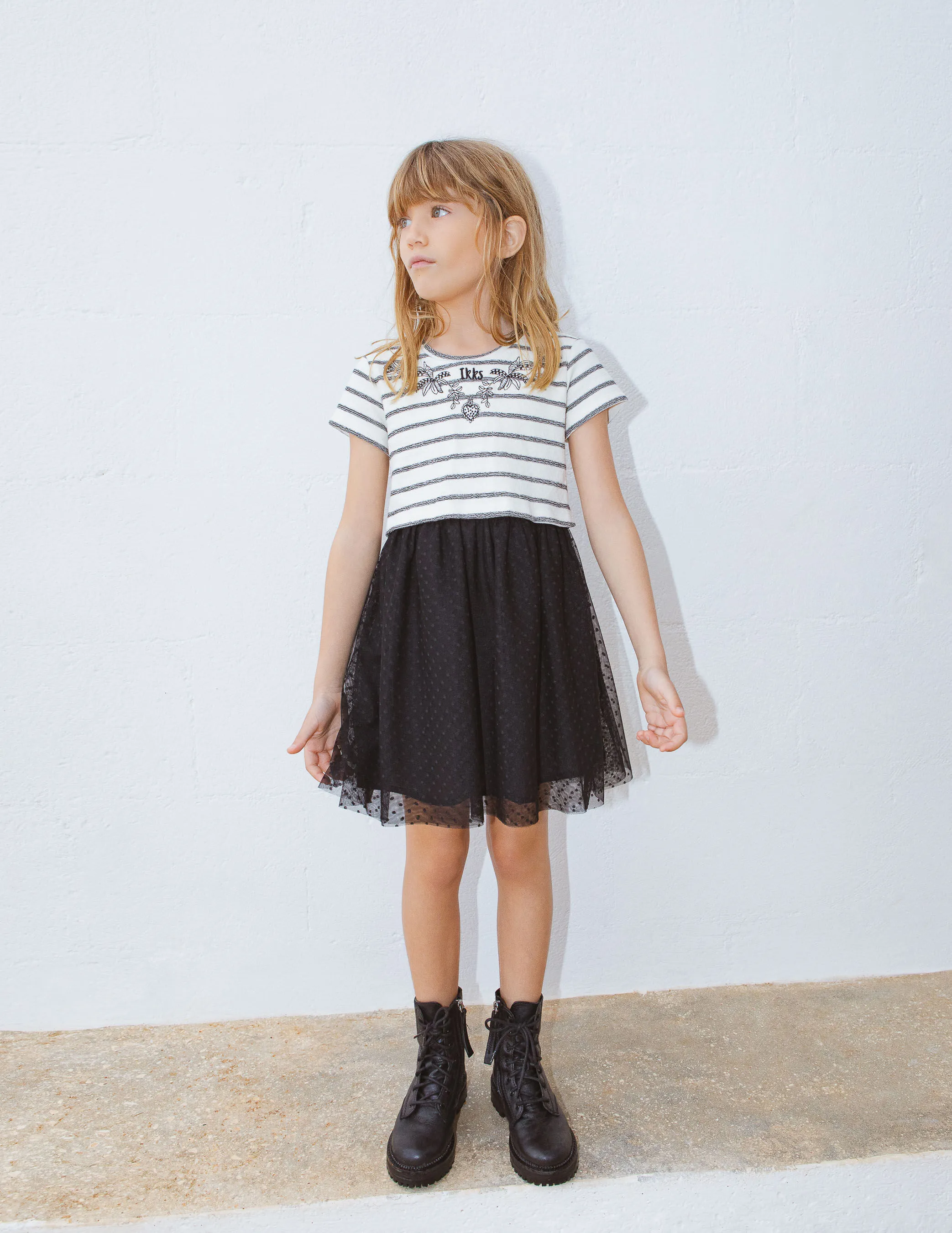 Robe écrue rayures noires bi-matière jupon tutu fille