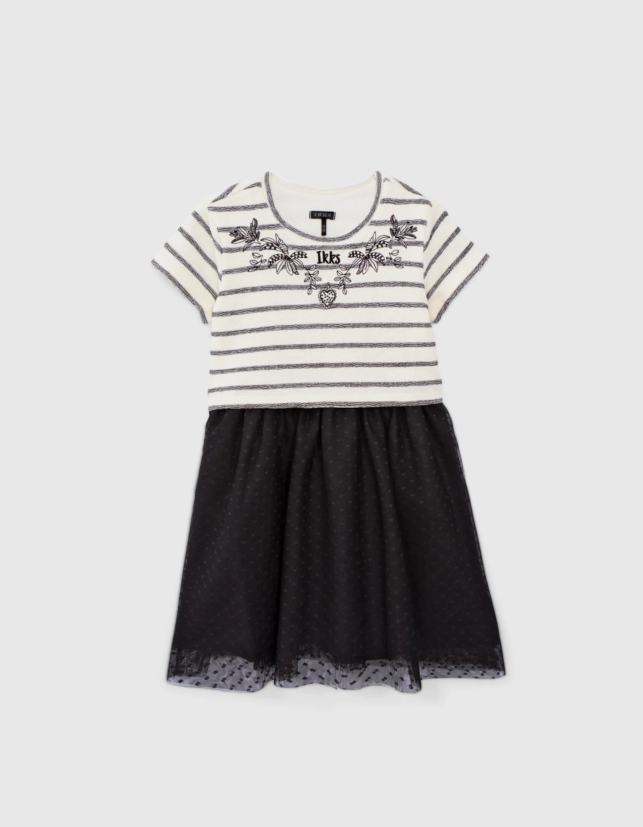 Robe écrue rayures noires bi-matière jupon tutu fille