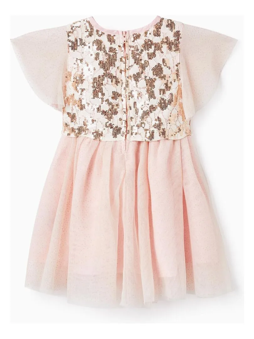 Robe en tulle avec fleurs manches courtes CÉRÉMONIE - Rose