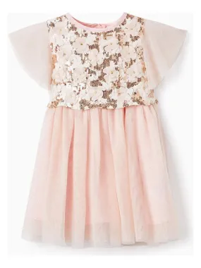 Robe en tulle avec fleurs manches courtes CÉRÉMONIE - Rose