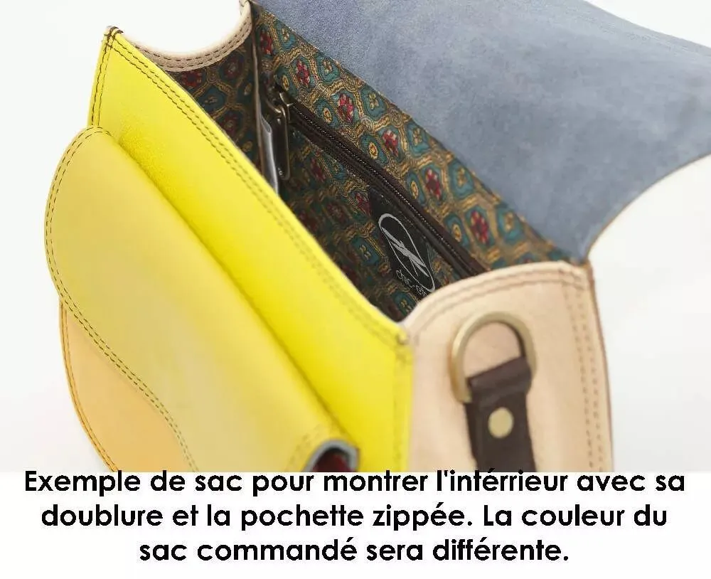 Sac cuir arrondi vert à rabat bleu ciel