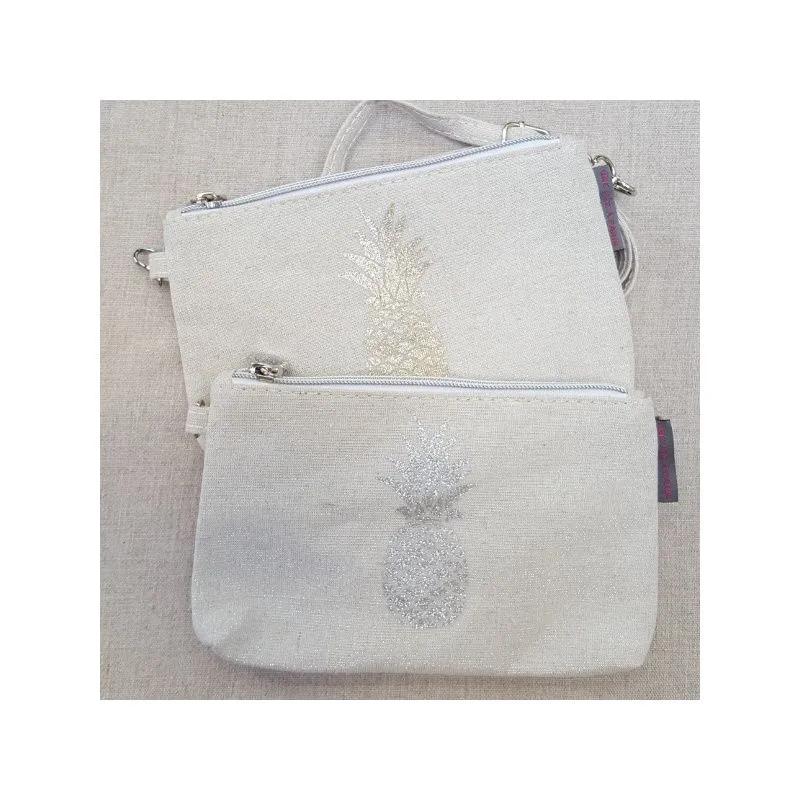 Sac/pochette bandoulière coton enduit et motif Ananas doré ou argenté