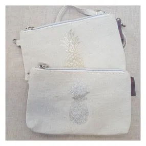 Sac/pochette bandoulière coton enduit et motif Ananas doré ou argenté