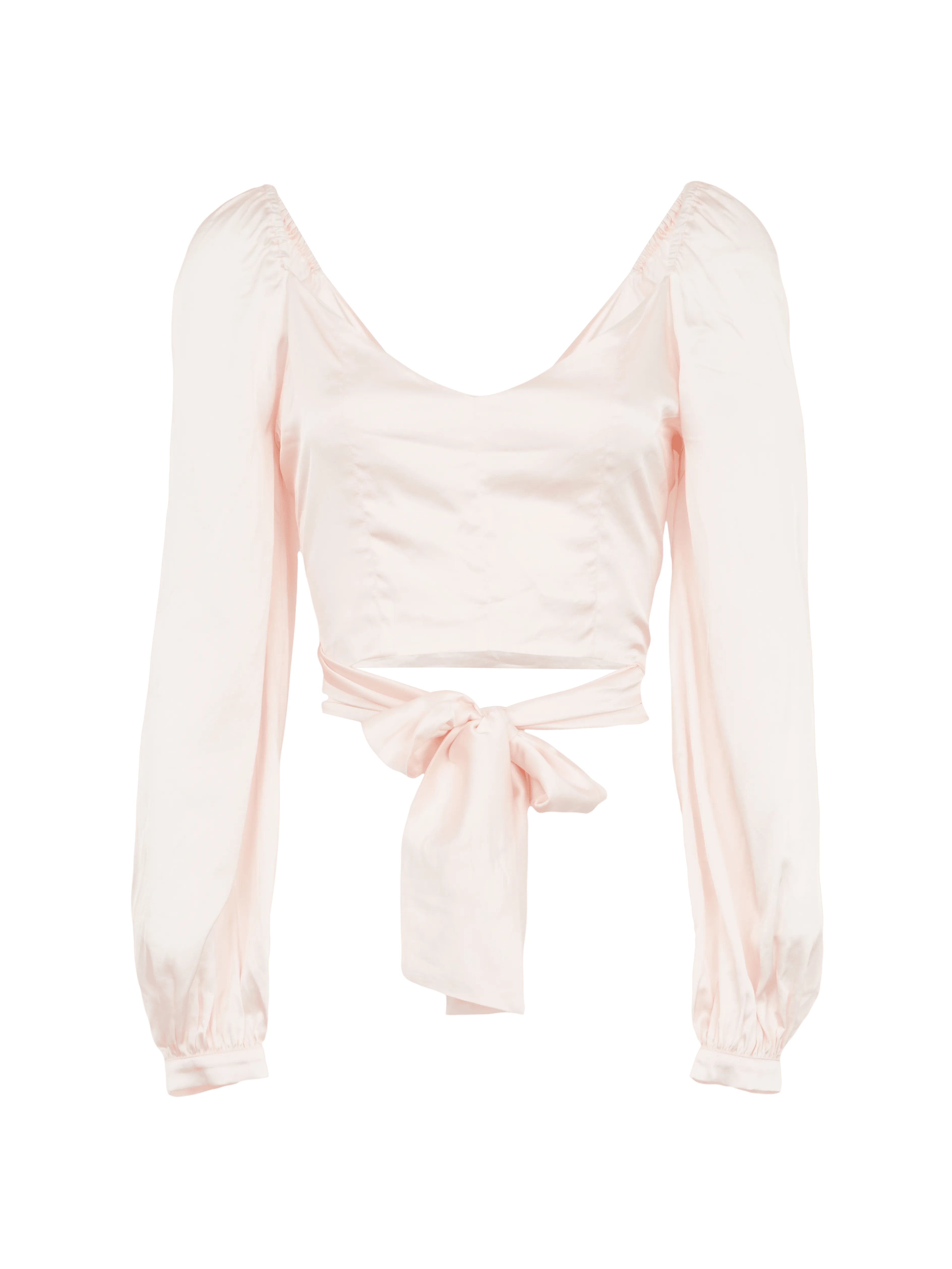 SPERONE - Blouse cropped cache-cœur à nouer manches longues en satin Amandine rose pâle