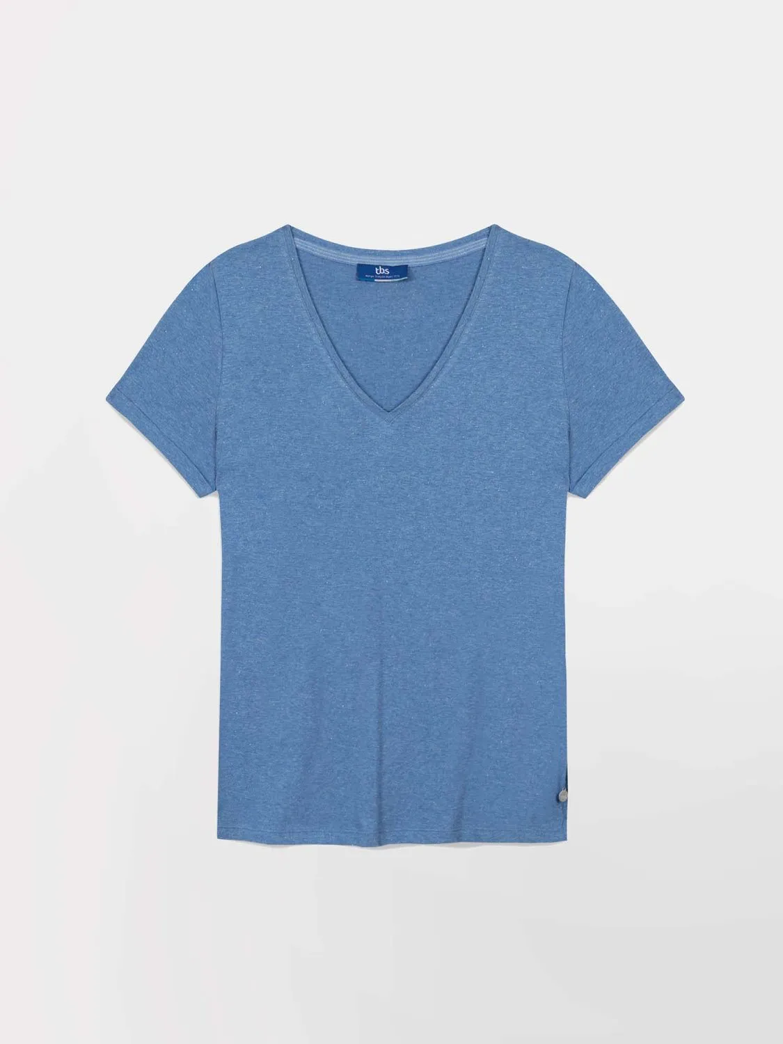 Tee-Shirt Femme Col V Jersey Coton Bleu tbs