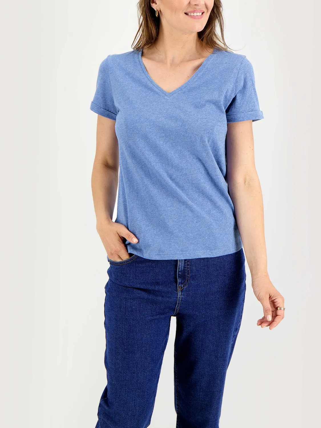 Tee-Shirt Femme Col V Jersey Coton Bleu tbs