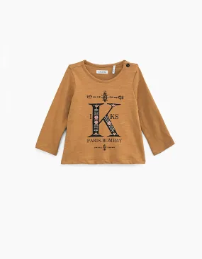 Tee-shirt ocre visuel lettre K brodée bébé fille 