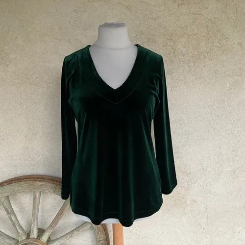 Top en jersey velours encolure v plongeant manches longues de couleur vert sapin