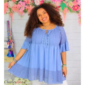 Tunique blouse longue dentelle ete LAURINE femme grande taille bleu jean