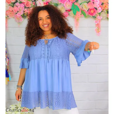 Tunique blouse longue dentelle ete LAURINE femme grande taille bleu jean