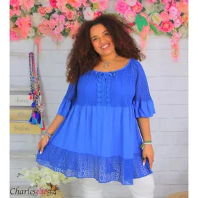 Tunique blouse longue dentelle ete LAURINE femme grande taille bleu royal