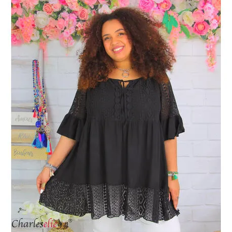 Tunique blouse longue dentelle ete LAURINE femme grande taille noire