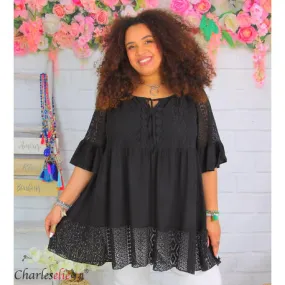 Tunique blouse longue dentelle ete LAURINE femme grande taille noire