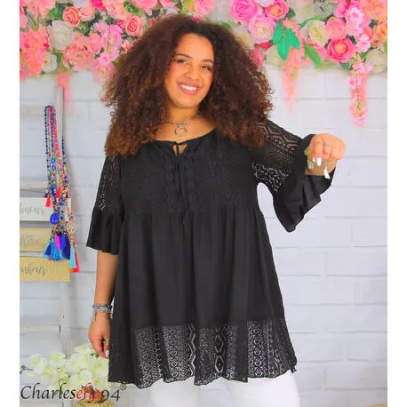 Tunique blouse longue dentelle ete LAURINE femme grande taille noire