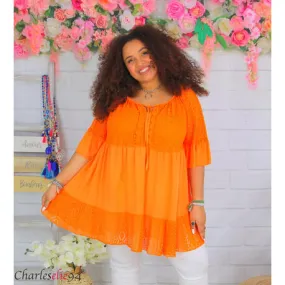 Tunique blouse longue dentelle ete LAURINE femme grande taille orange