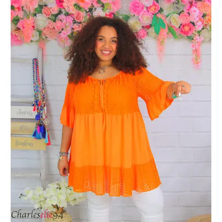 Tunique blouse longue dentelle ete LAURINE femme grande taille orange