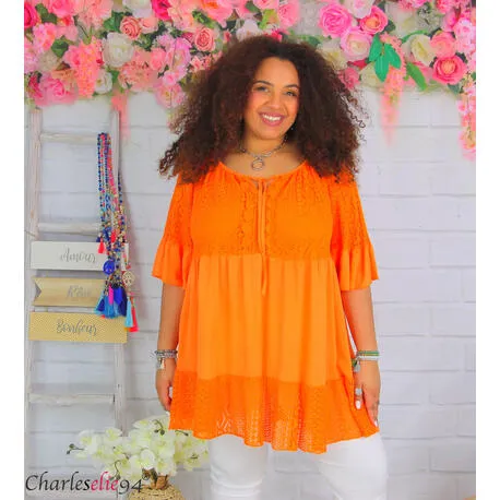 Tunique blouse longue dentelle ete LAURINE femme grande taille orange