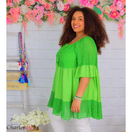 Tunique blouse longue dentelle ete LAURINE femme grande taille vert