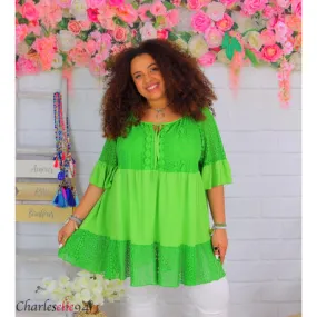 Tunique blouse longue dentelle ete LAURINE femme grande taille vert