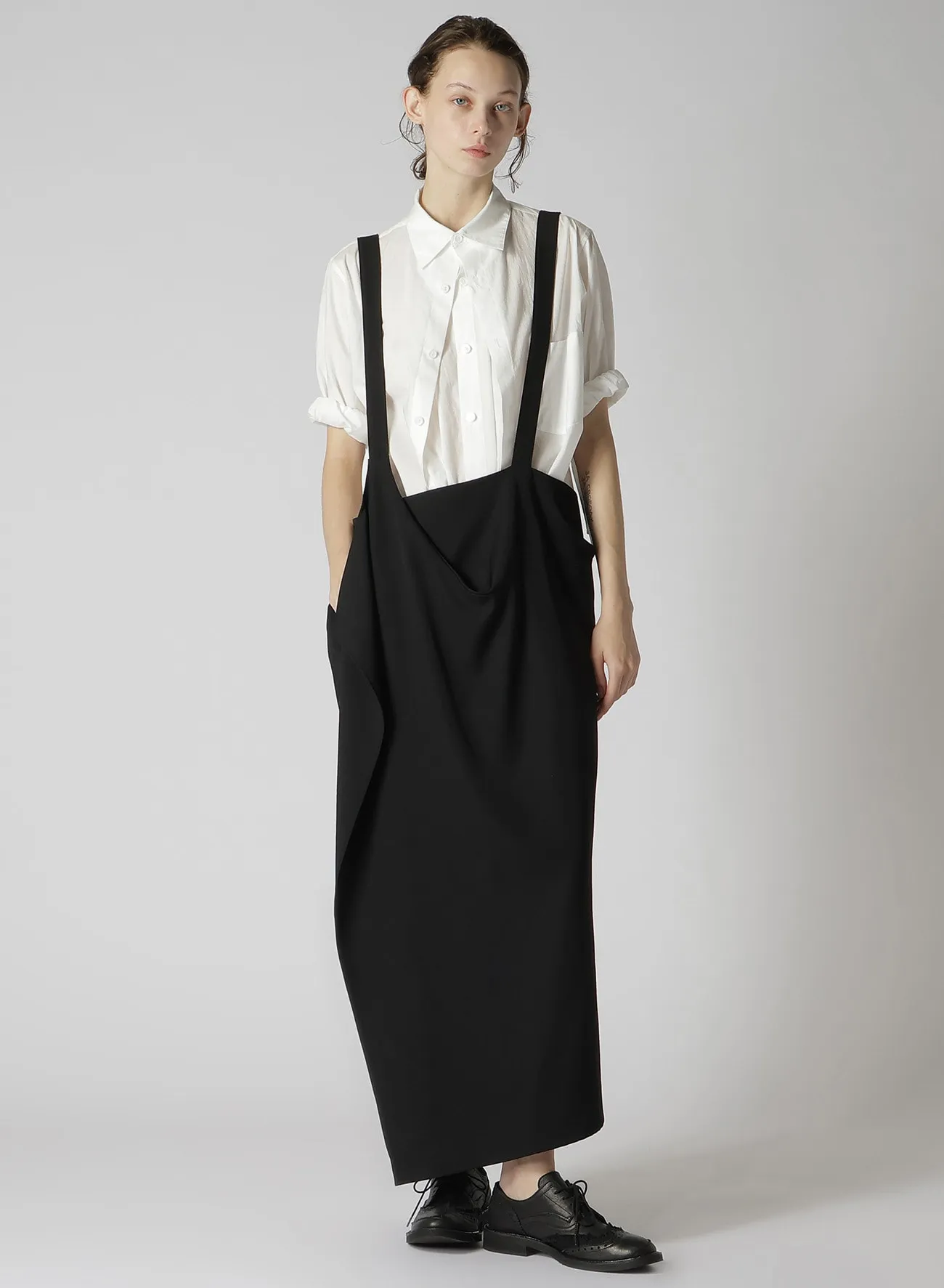 WOOL GABARDINE DRAPE SUSPENDER SKIRT