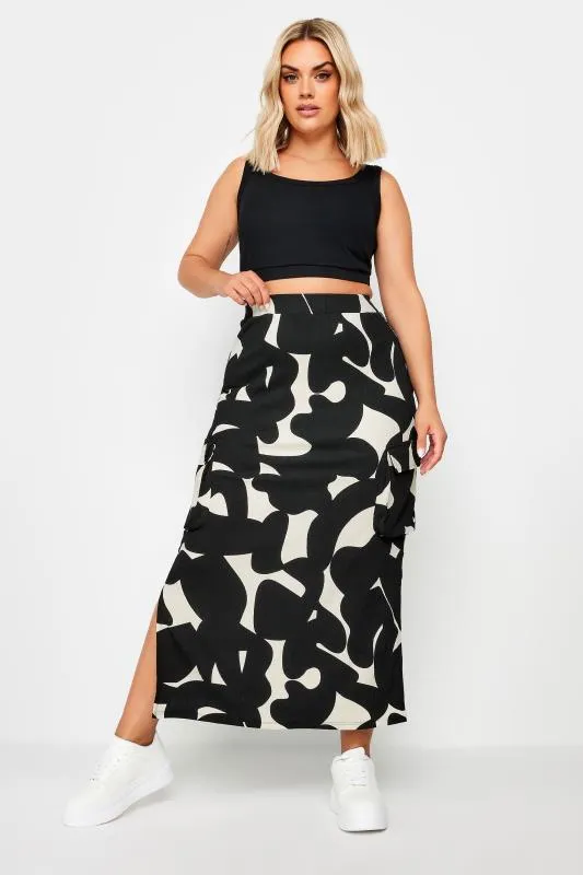 YOURS Curve Black Abstract Print Textured Maxi Skirt